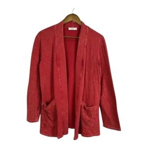 Jess & Jane M Cardigan, Red Textured Open Front, Pockets, Lightweight